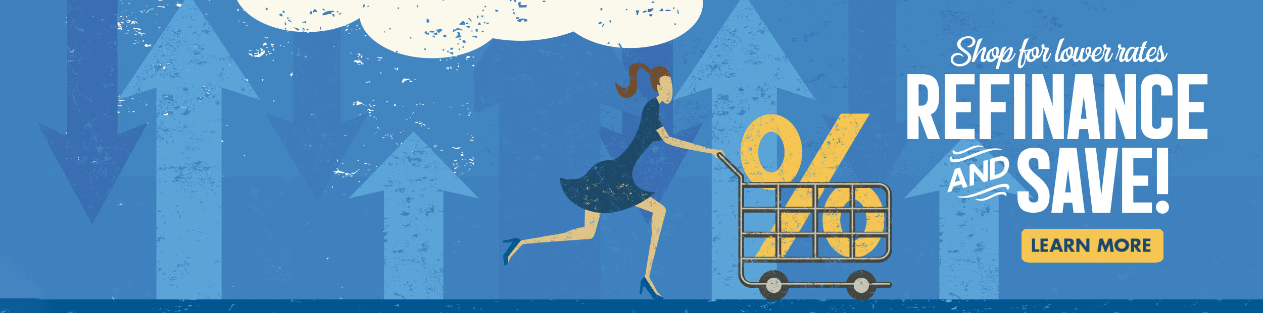 Cartoon woman in a blue dress running with a shopping cart that has a yellow percent symbol in it.