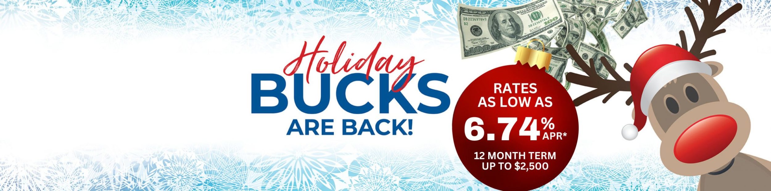 Holiday bucks home page banner featuring a red nose reindeer wearing a santa clause hat.