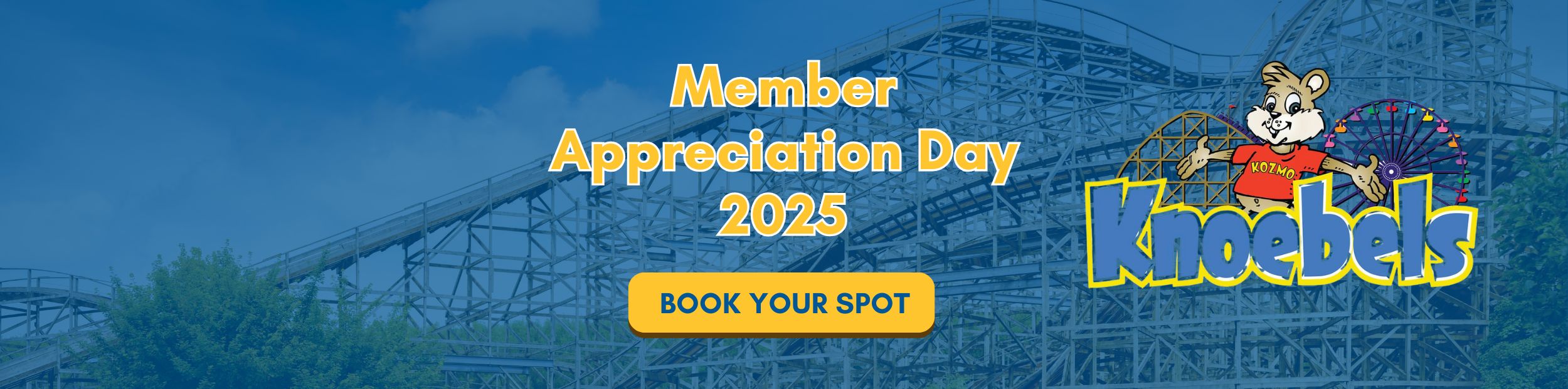 Knoebels Member Appreciation Day photo featuring a roller coaster behind the Knoebels logo.
