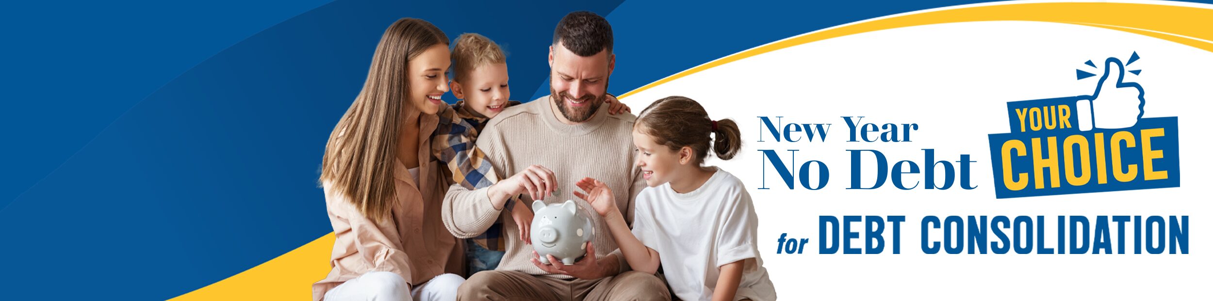 Happy family huddled around as change is put into a piggy bank.