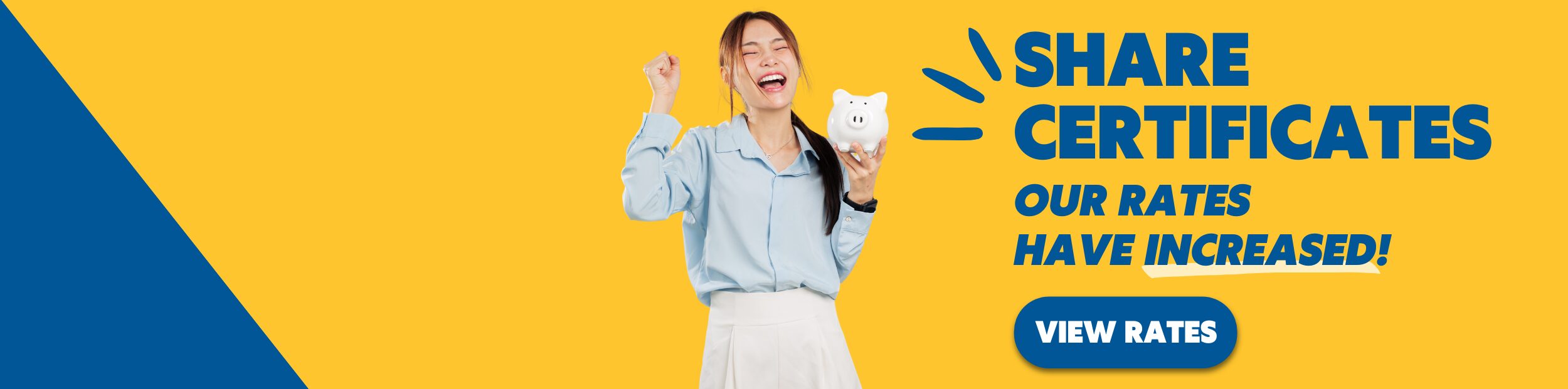 Happy woman holding piggy bank.