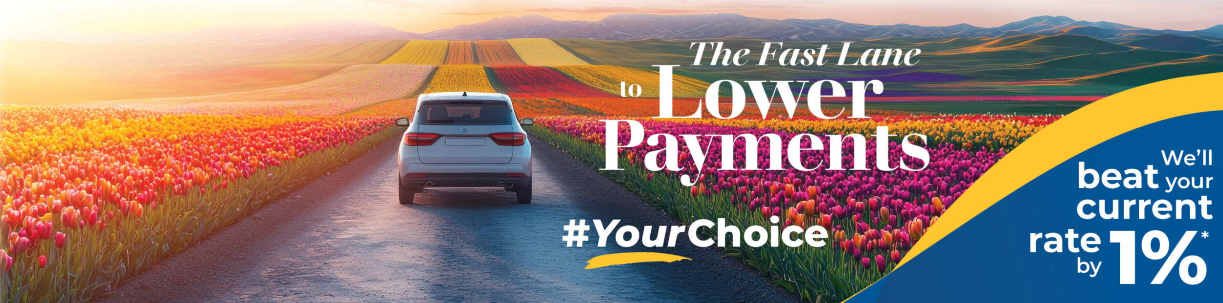 Grey car going down a road lined with colorful flowers.