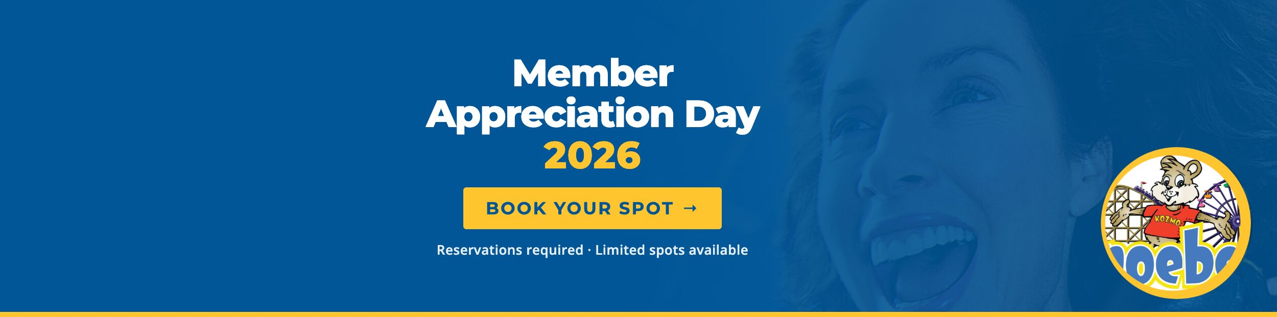 Member appreciation day 2026 image featuring a closeup of a woman screaming on a roller coaster in the background.